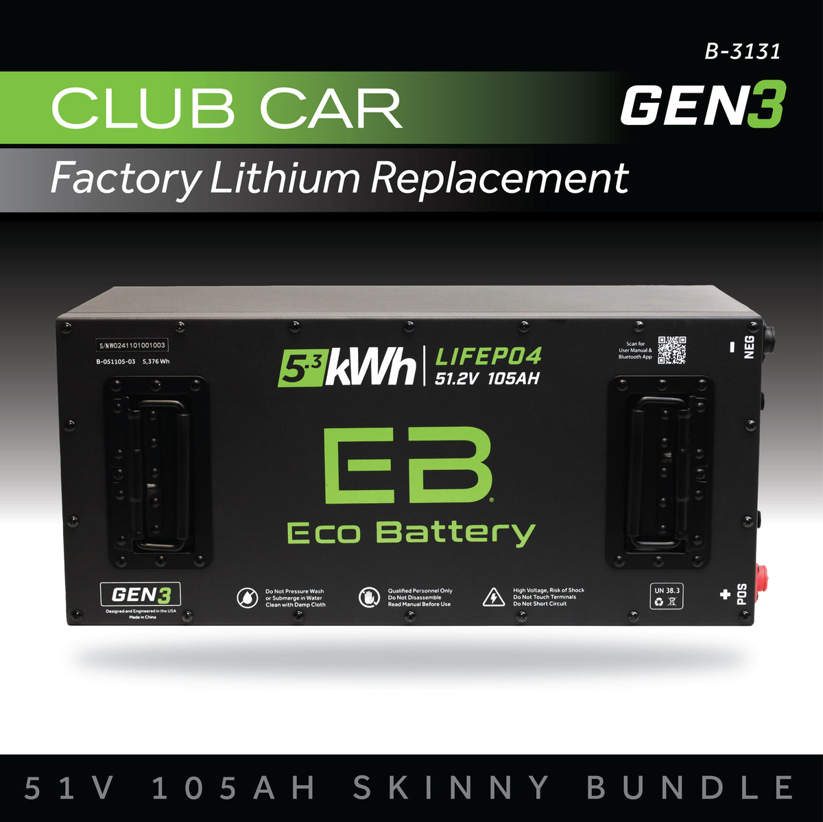 Official Eco Battery B-3131 Club Car factory lithium conversion bundle, including battery, charger, display and installation components