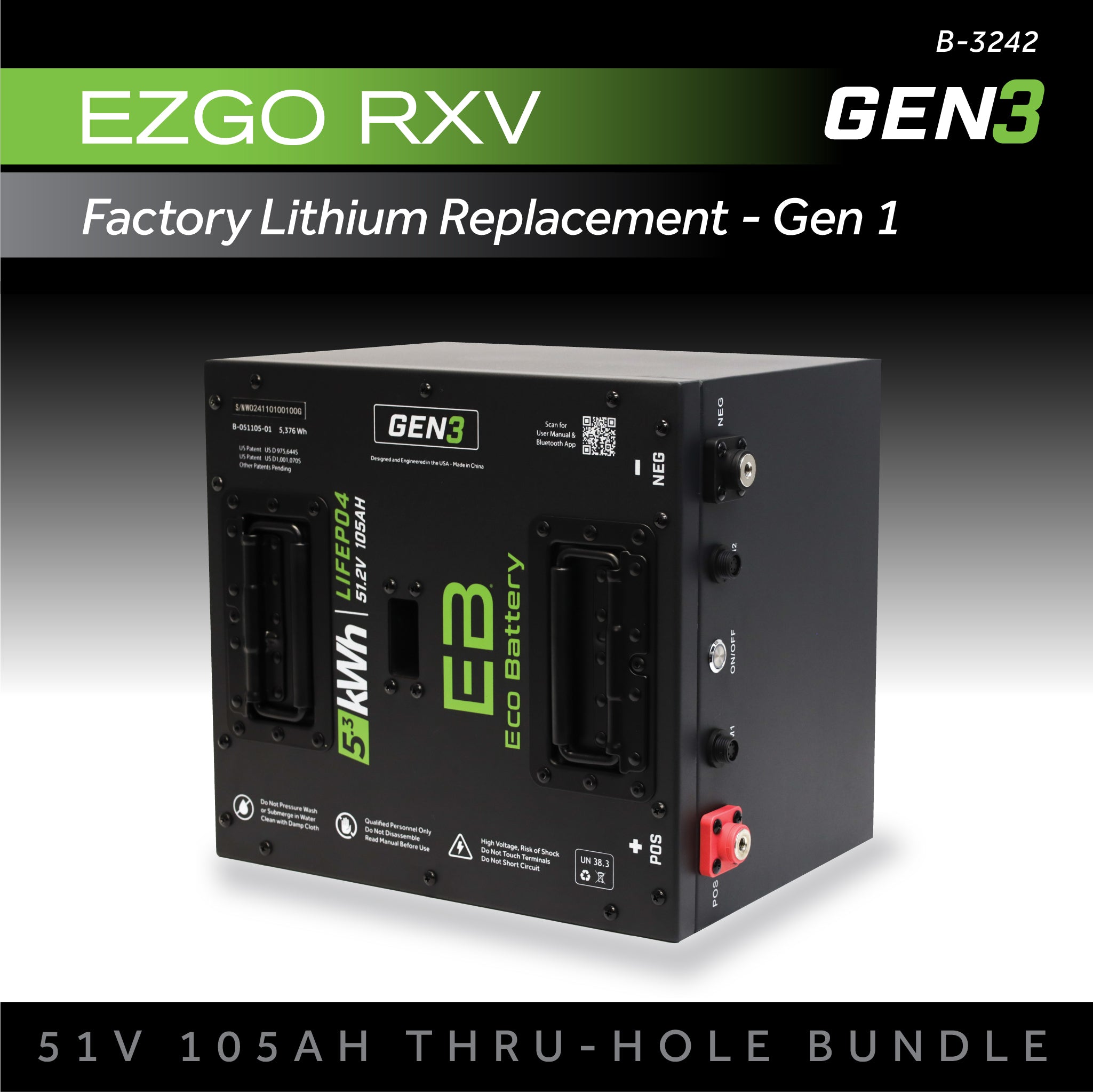 51V 105AH Thru-Hole Battery Bundle / EZGO RXV Samsung Gen1 (2017